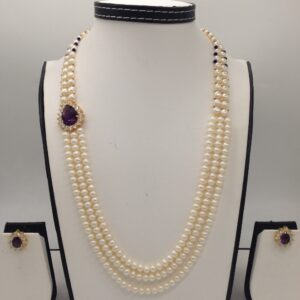 White And Purple CZ Broach Set With 2 Line Button Jali And 3 Line Flat Pearls Mala JPS0360
