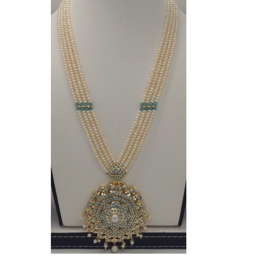 Turquoise,pearls ranihaar set with 4 line flat mala jps0423