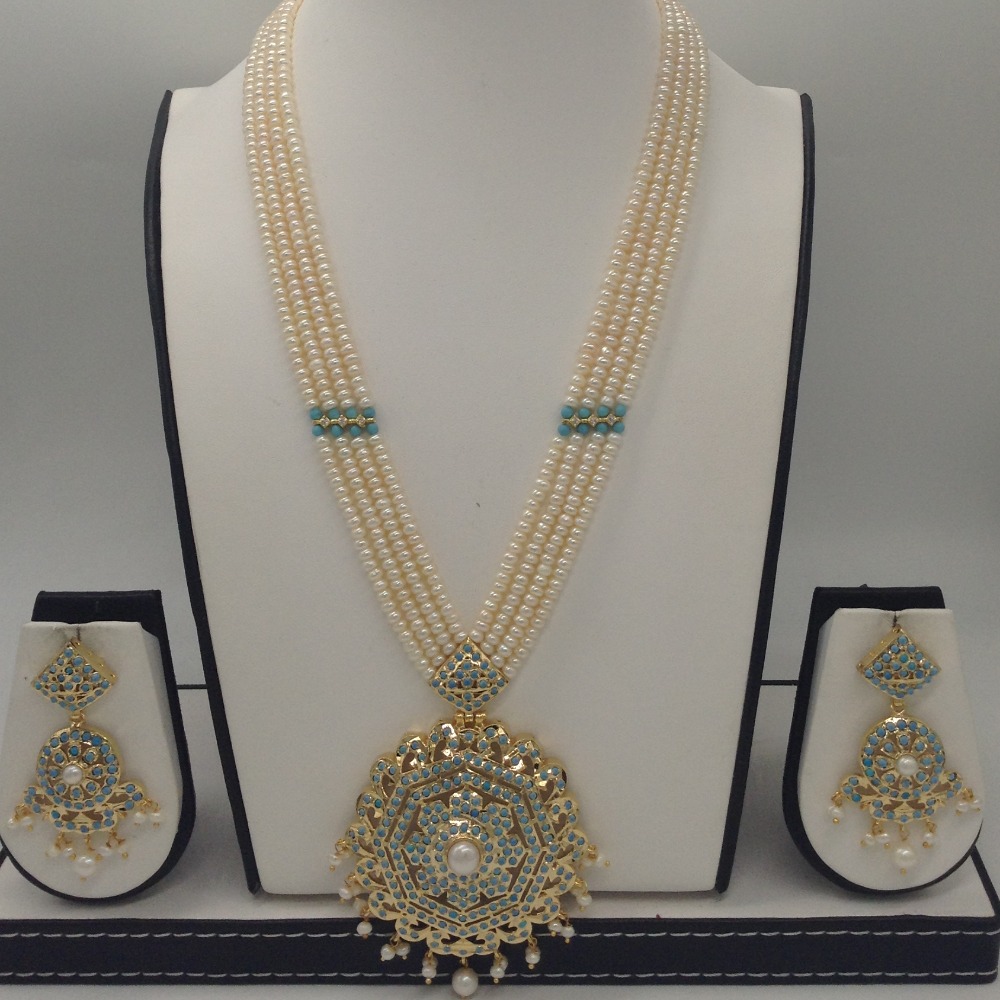 Turquoise,pearls ranihaar set with 4 line flat mala jps0423