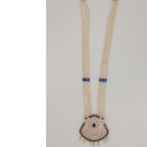 White, blue cz pendent set with 3 line flat pearls mala jps0424