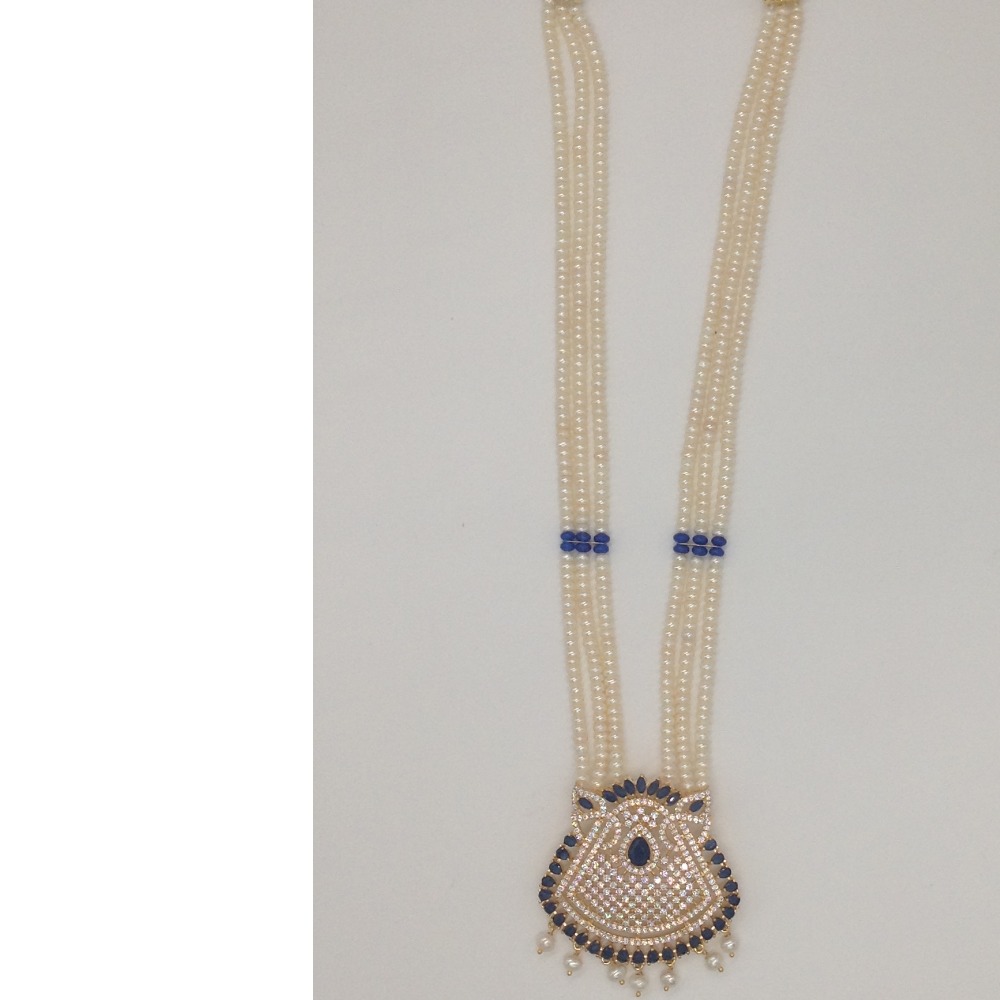 White, blue cz pendent set with 3 line flat pearls mala jps0424