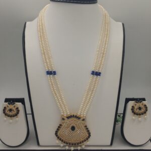 White, blue cz pendent set with 3 line flat pearls mala jps0424