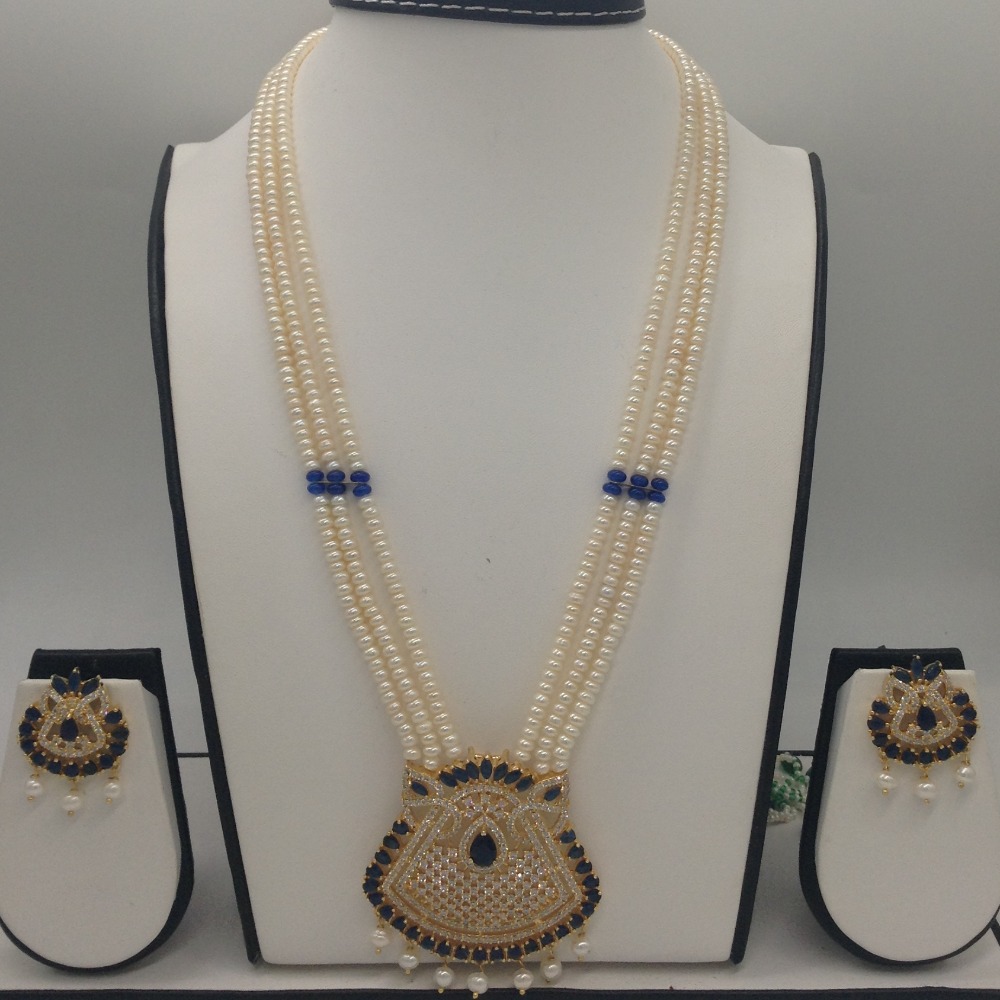 White, blue cz pendent set with 3 line flat pearls mala jps0424