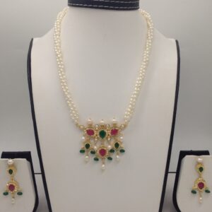 Green, red cz timmaniya set with 3 line rice pearls jps0433