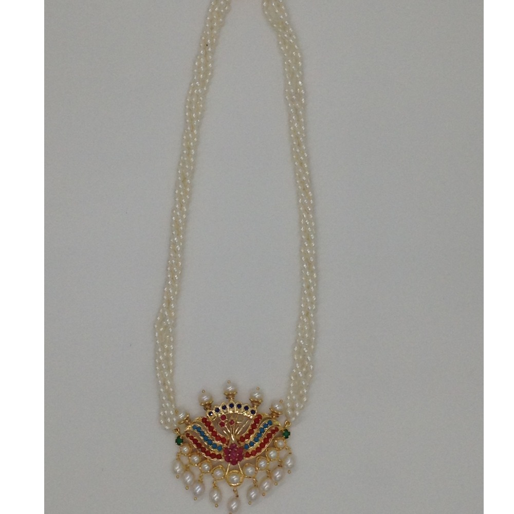 Navratan peacock pendent set with 4 line rice pearls jps0431