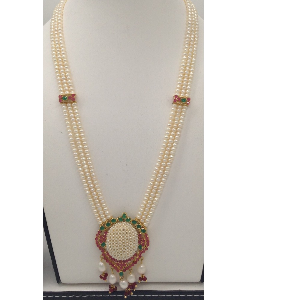Multicolour Ranihaar set with 3 line flat pearls mala jps0356 - Image 2