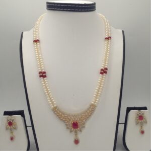 White,red cz pendent set with 2 line flat pearls jps0344