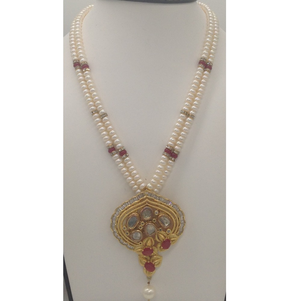 White, red cz pendent set with 2 line flat pearls mala jps0343 - Image 2