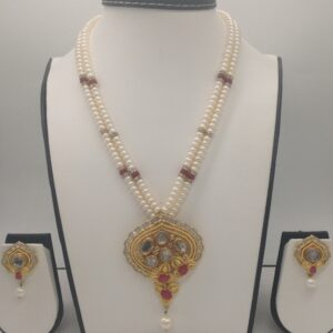 White, red cz pendent set with 2 line flat pearls mala jps0343