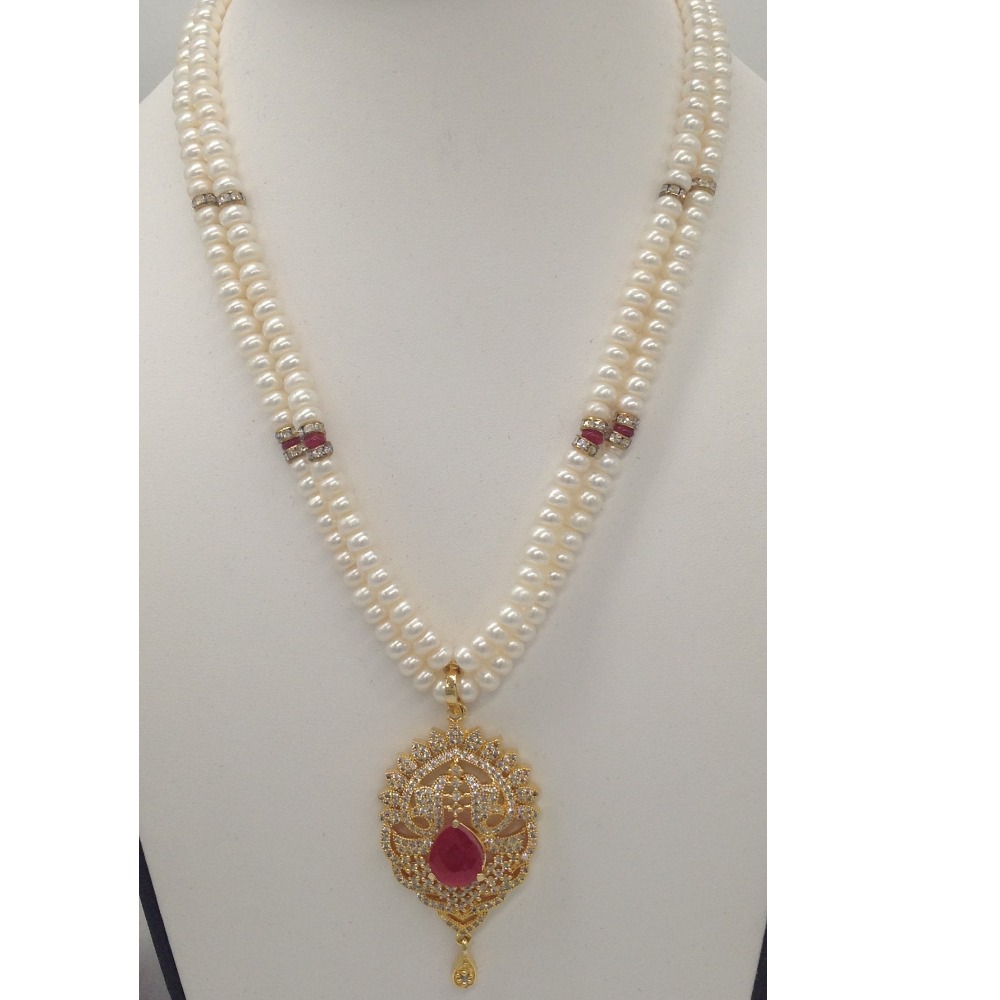 White,red cz pendent set with 2 line flat pearls jps0316 - Image 2