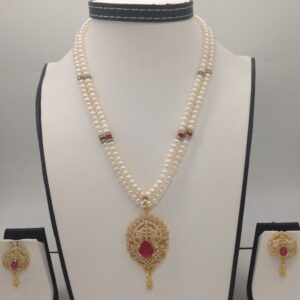 White,red cz pendent set with 2 line flat pearls jps0316