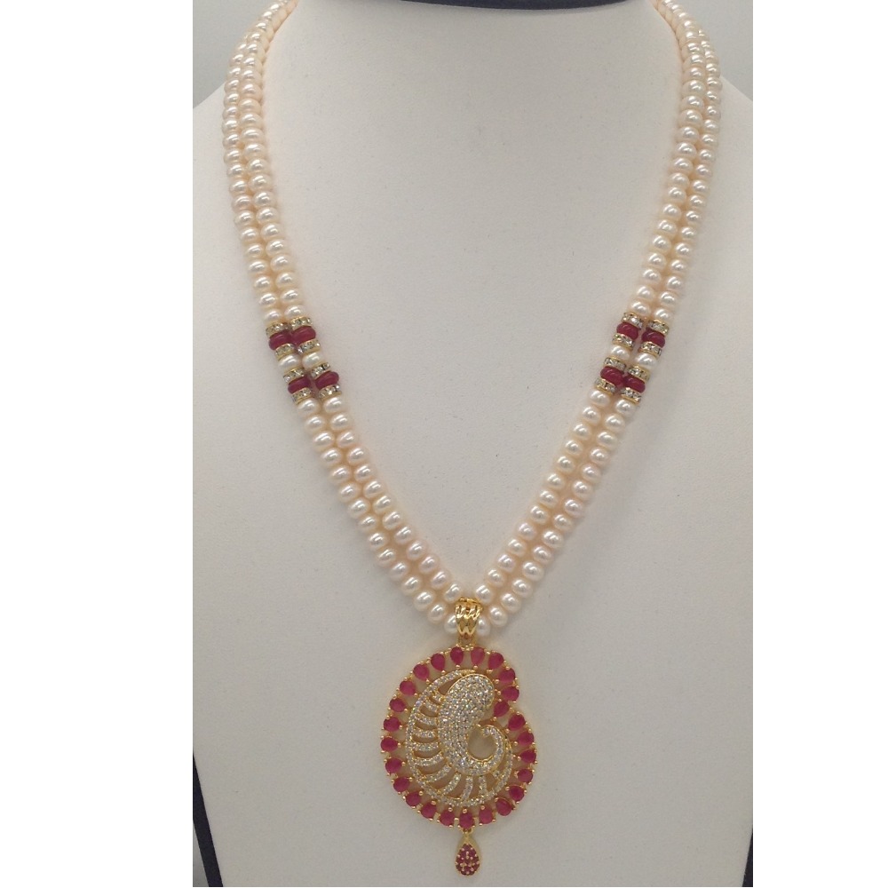 White,red cz pendent set with 2 line flat pearls jps0317 - Image 2