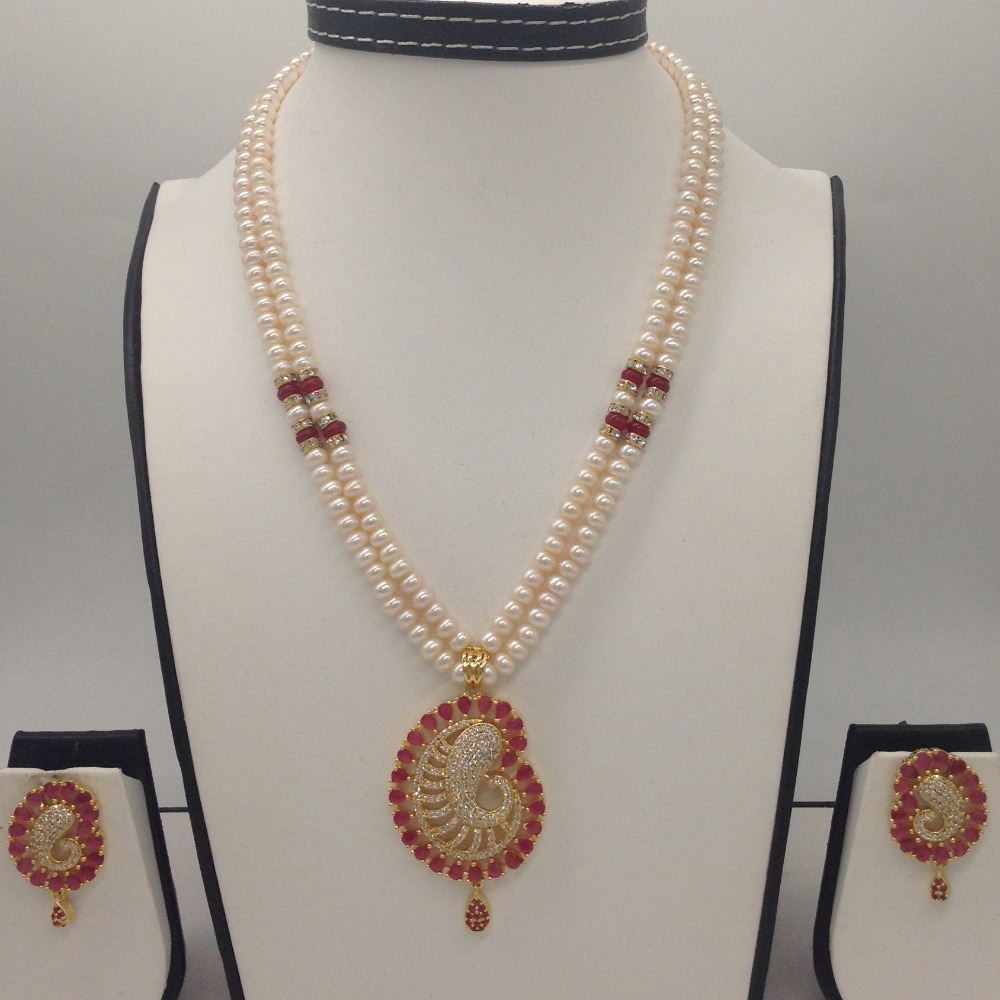 White,red cz pendent set with 2 line flat pearls jps0317