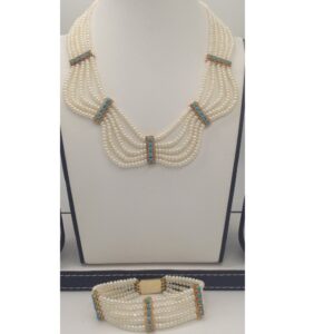 White Pearls and Turquoise Patti 5 Layers Jhalar Full set JPP1010