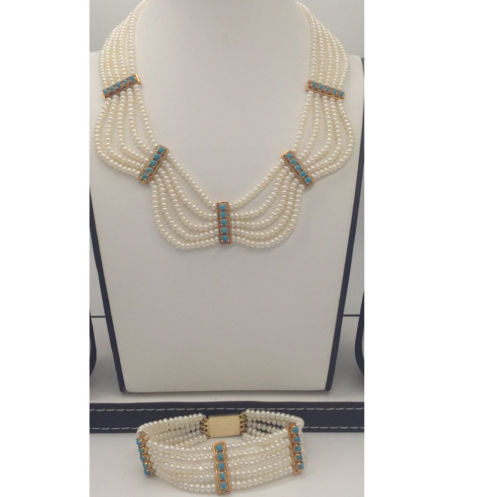 White Pearls and Turquoise Patti 5 Layers Jhalar Full set JPP1010