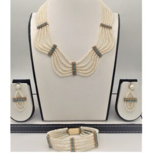 White Pearls and Turquoise Patti 5 Layers Jhalar Full set JPP1010