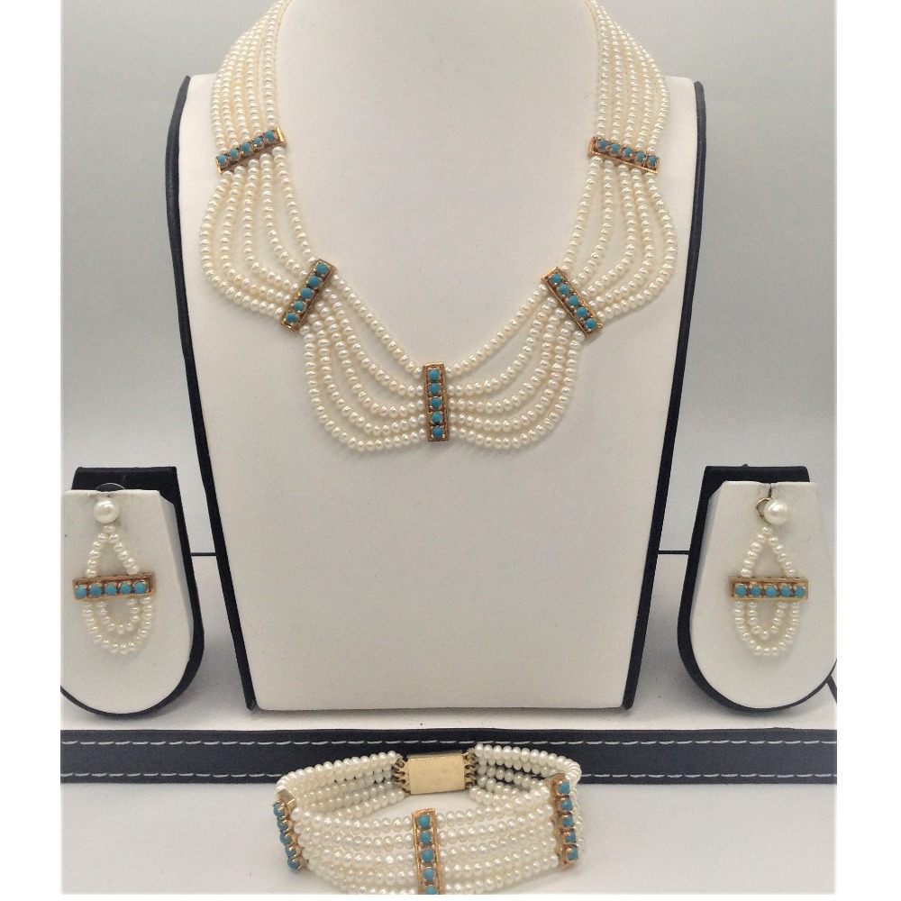 White Pearls and Turquoise Patti 5 Layers Jhalar Full set JPP1010