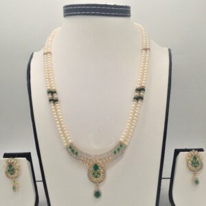 White,green cz pendent set with 2 line flat pearls jps0319
