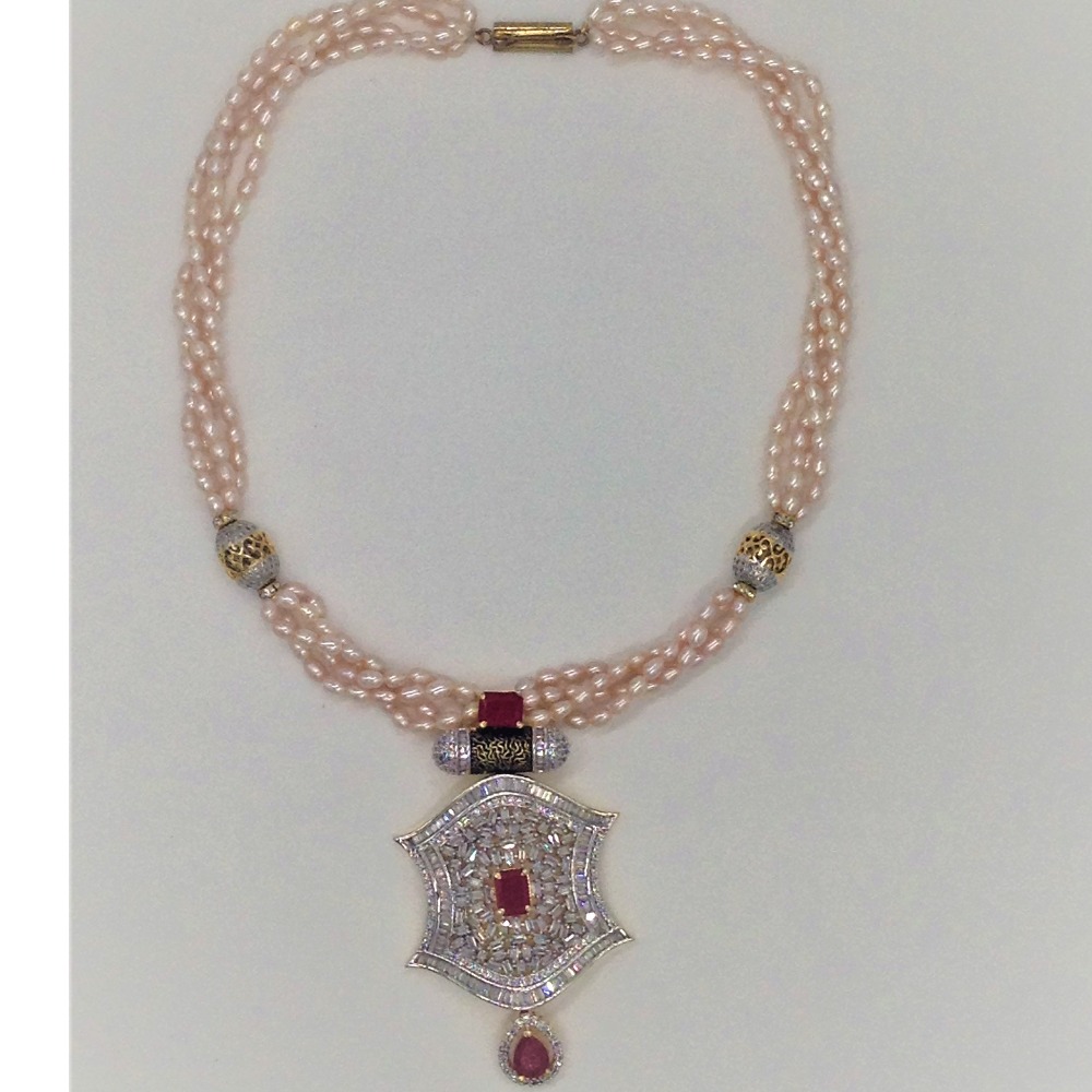 White,red cz pendent set with 4 line pink rice pearls jps0338 - Image 4