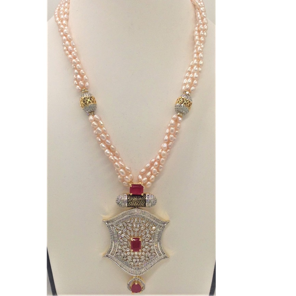 White,red cz pendent set with 4 line pink rice pearls jps0338 - Image 2