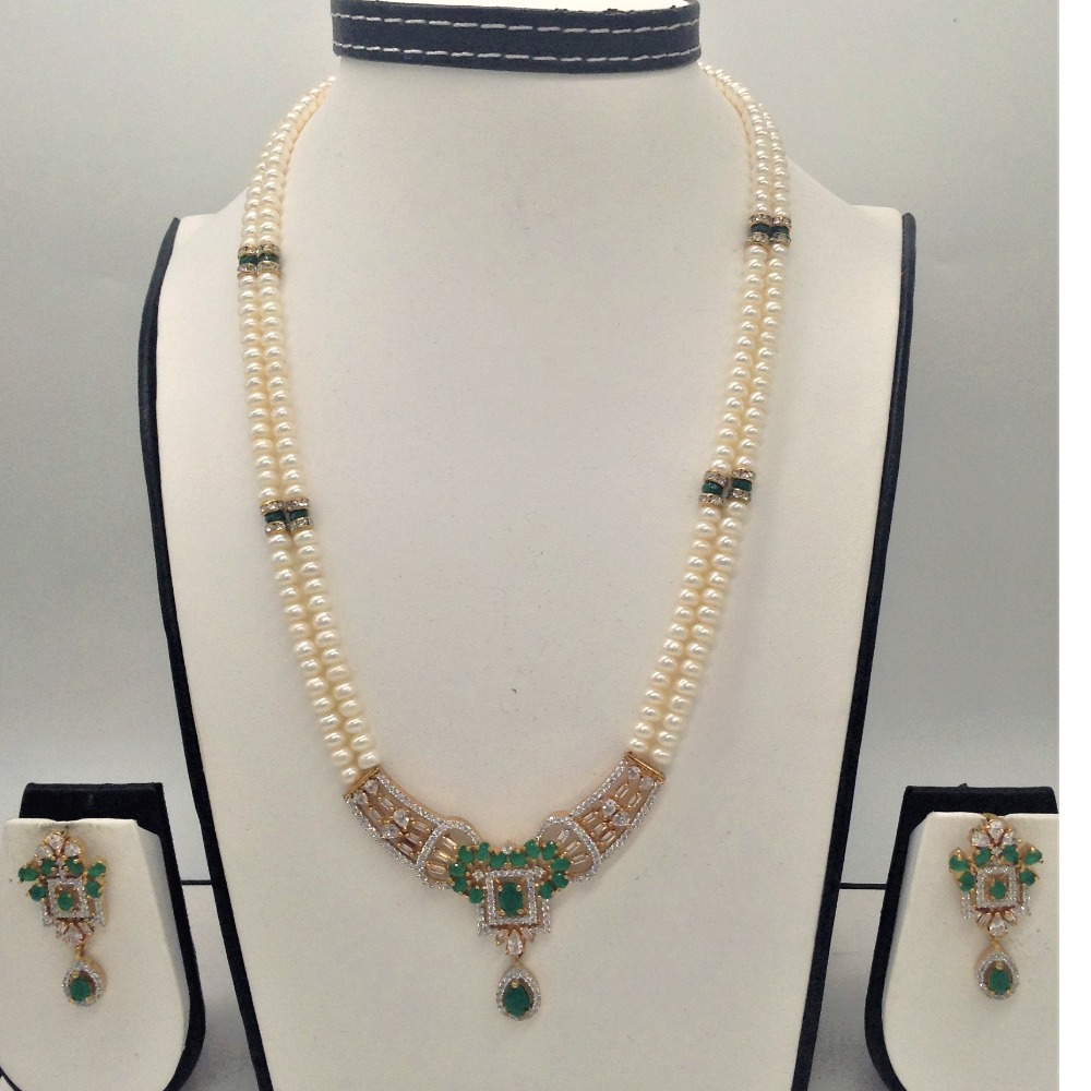 White,green cz pendent set with 2 line flat pearls jps0304