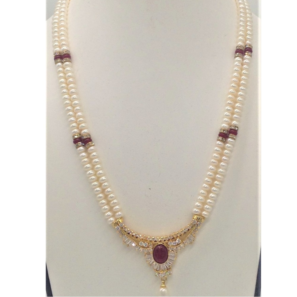 White cz,red semi pendent set with 2 line flat pearls jps0310 - Image 2