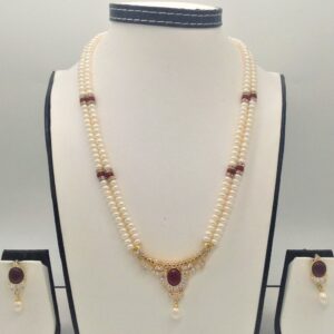 White cz,red semi pendent set with 2 line flat pearls jps0310