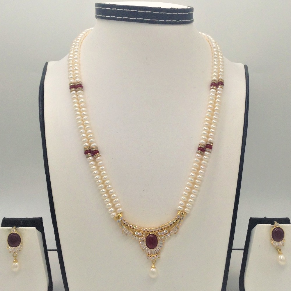 White cz,red semi pendent set with 2 line flat pearls jps0310