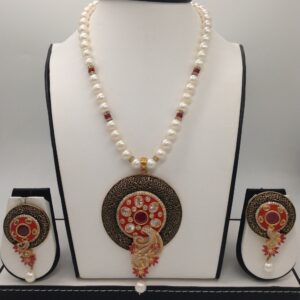 White, red cz pendent set with 1 line round pearls jps0299