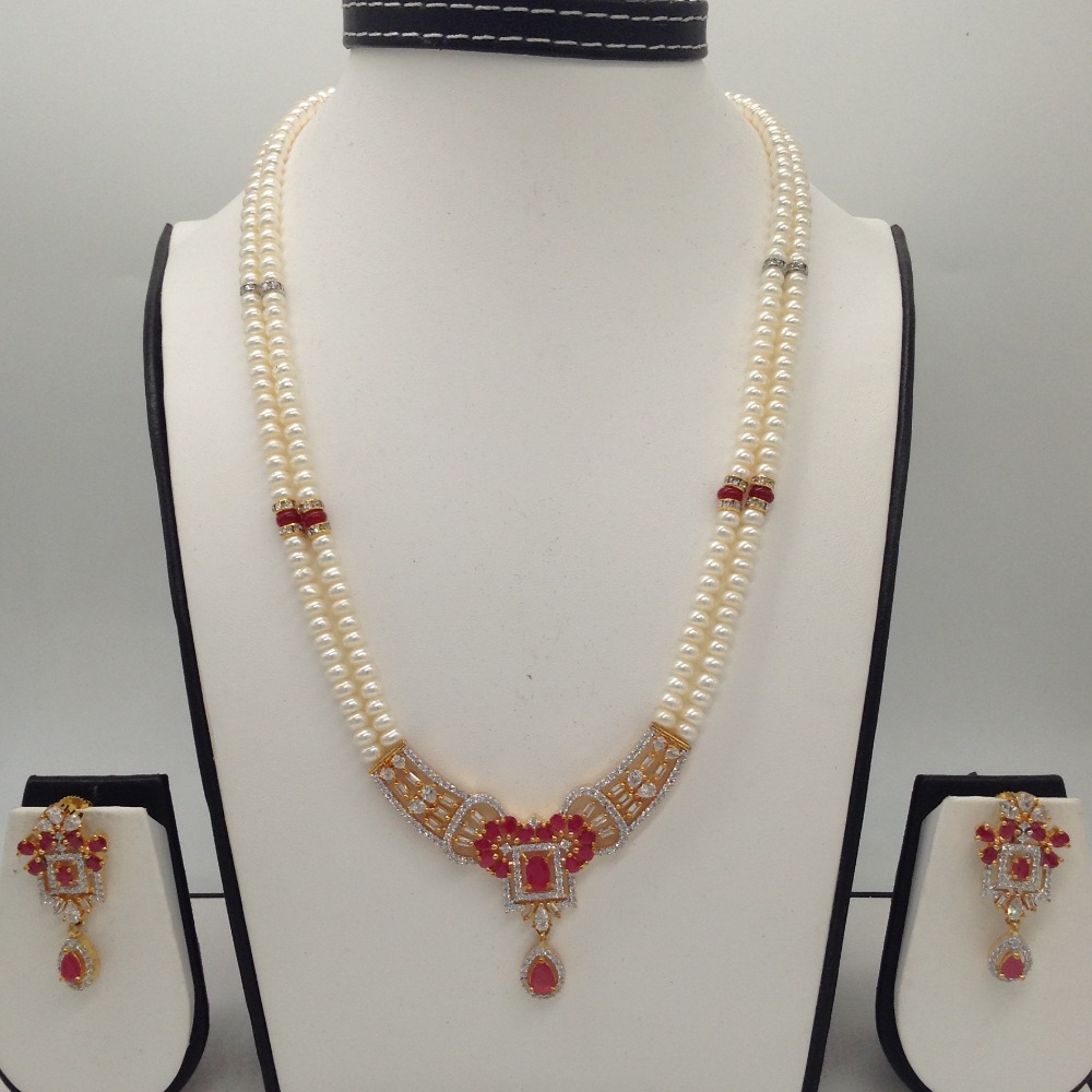 White,red cz pendent set with 2 line flat pearls jps0306