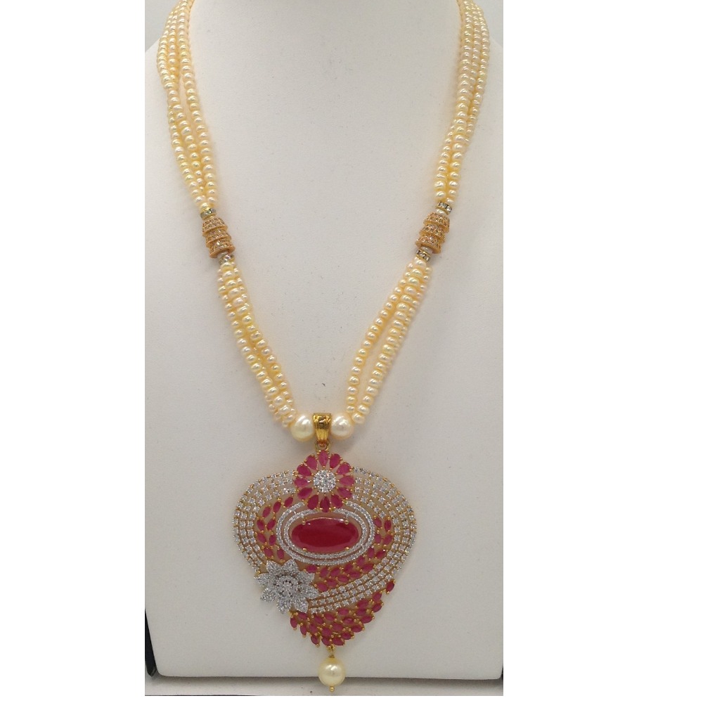 White,red cz pendent set with 3 line golden pearls jps0315 - Image 2