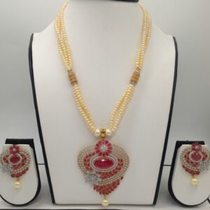 White,red cz pendent set with 3 line golden pearls jps0315