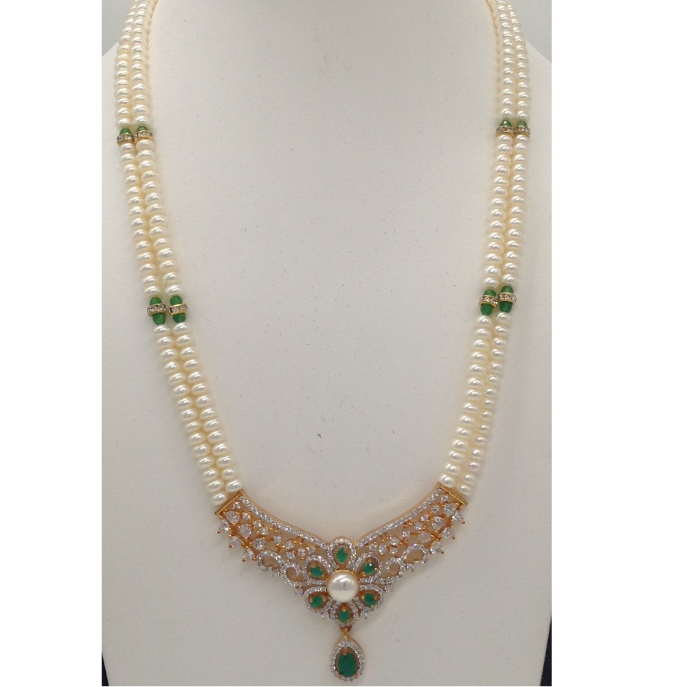White,green cz pendent set with 2 line flat pearls jps0303 - Image 2