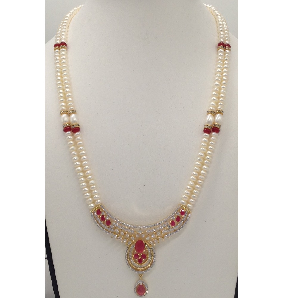 White,red cz pendent set with 2 line flat pearls jps0307 - Image 2