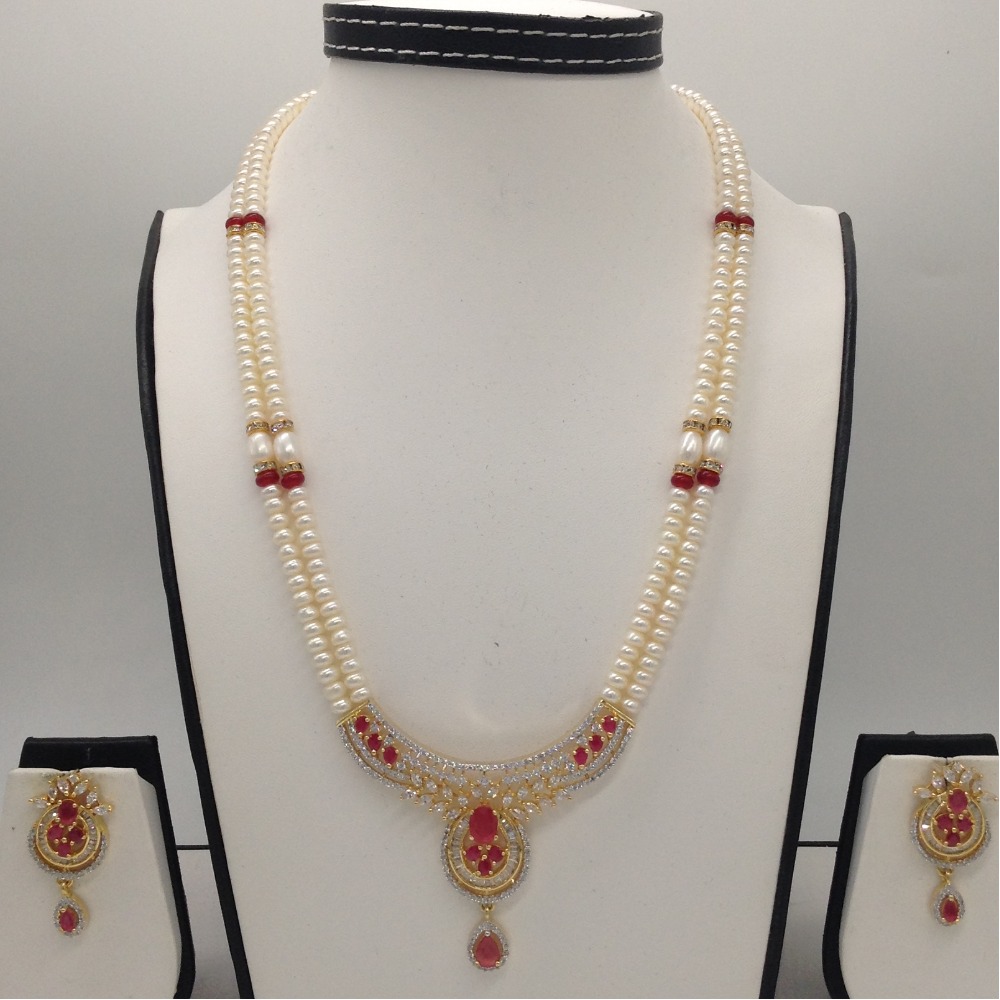 White,red cz pendent set with 2 line flat pearls jps0307