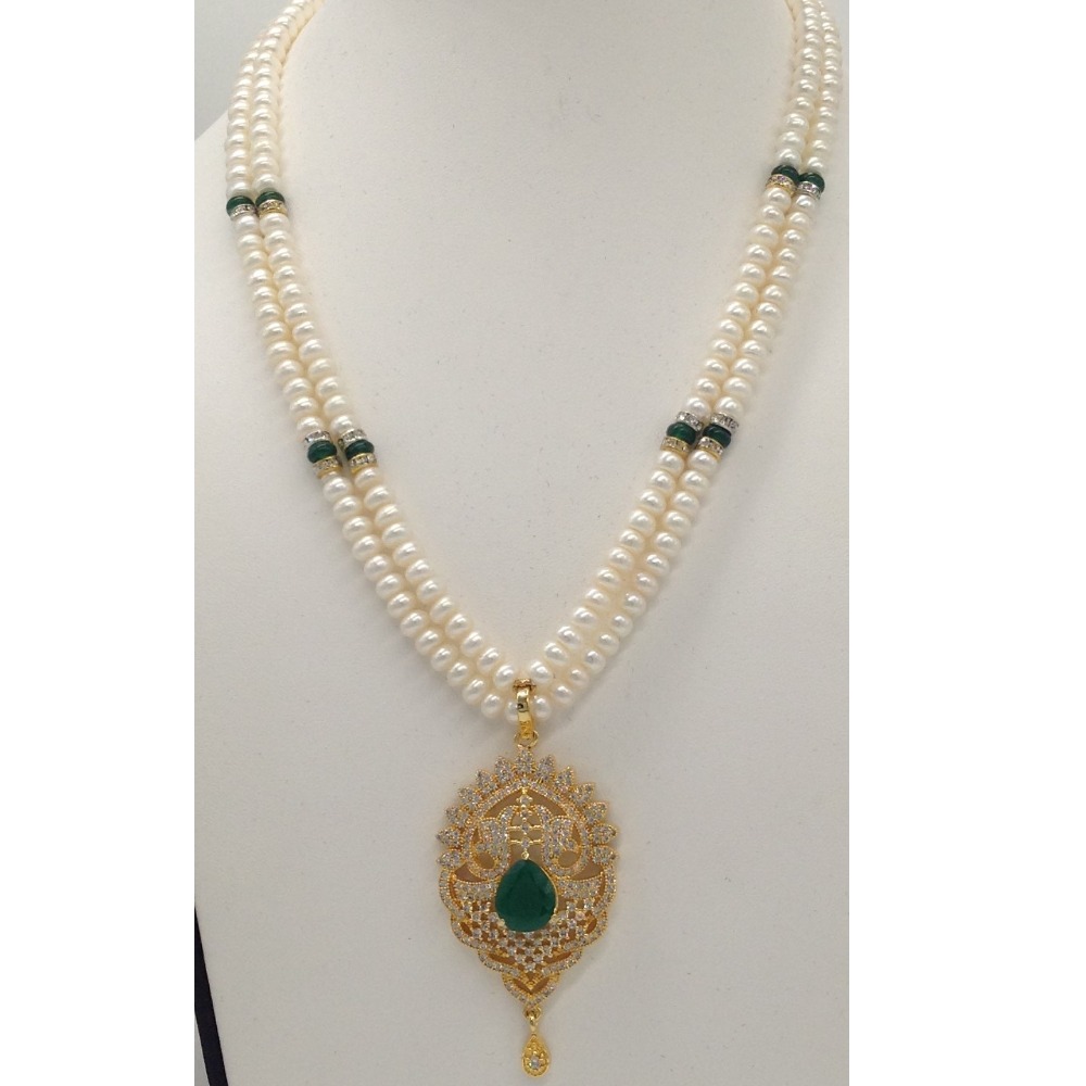 White,green cz pendent set with 2 line flat pearls jps0305 - Image 2