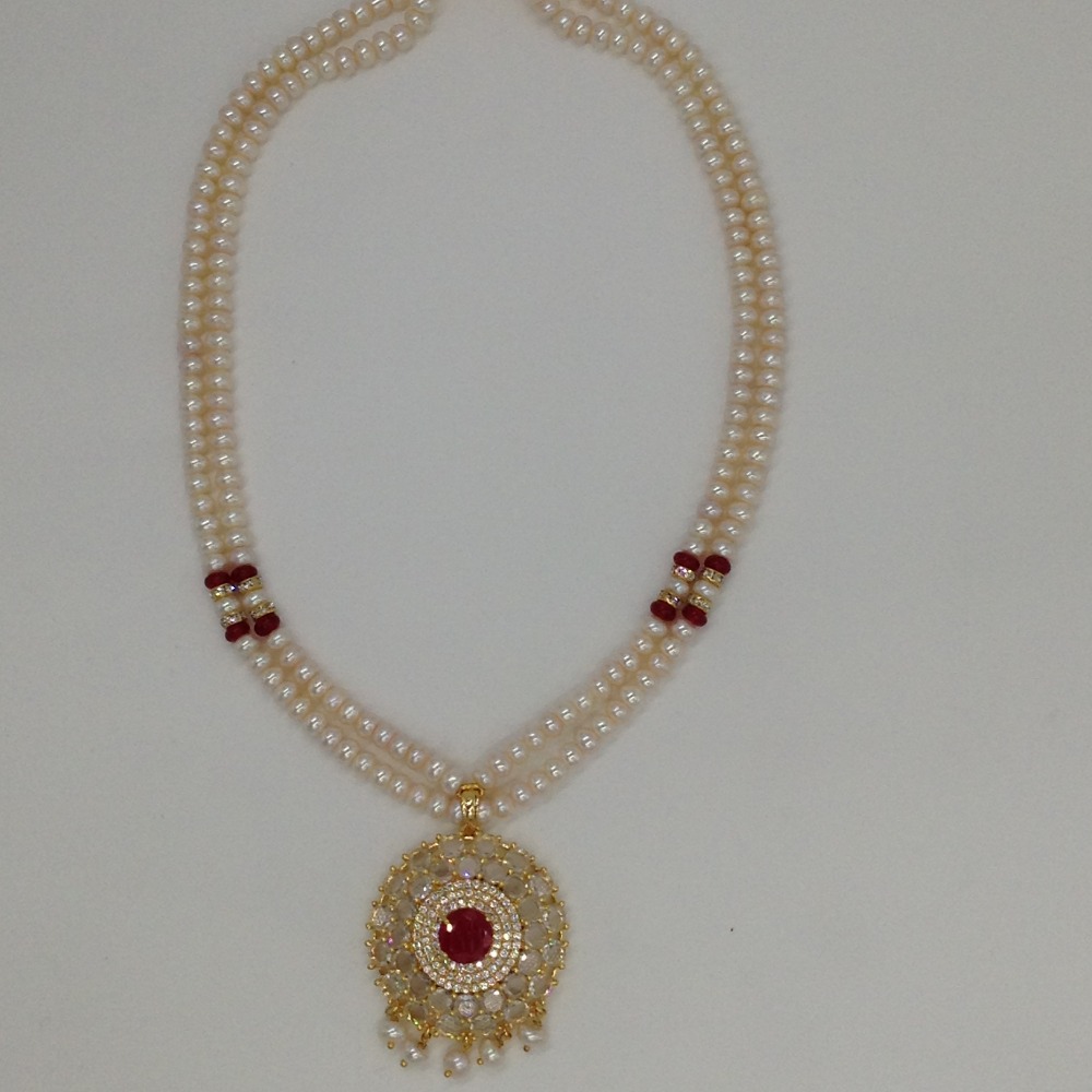 White,red cz pendent set with 2 line flat pearls mala jps0278 - Image 4