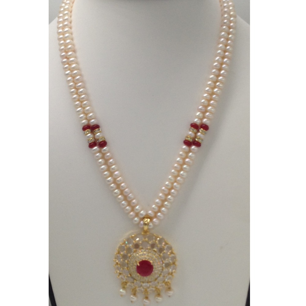 White,red cz pendent set with 2 line flat pearls mala jps0278 - Image 2