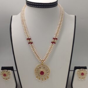 White,red cz pendent set with 2 line flat pearls mala jps0278