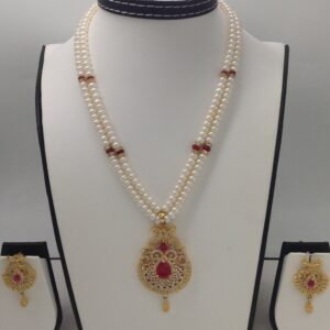White,red cz pendent set with 2 line flat pearls mala jps0275