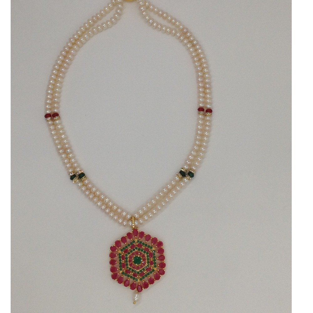 Red, green cz pendent set with 2 line flat pearls mala jps0274 - Image 4