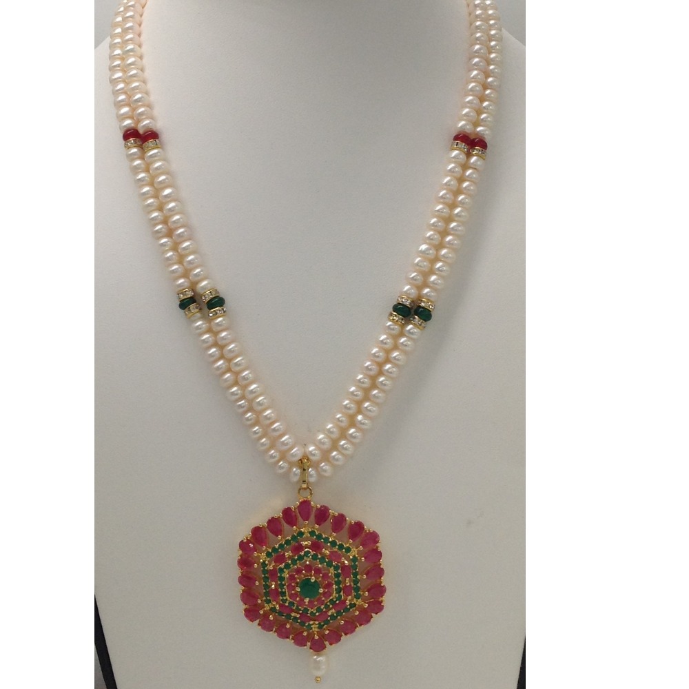 Red, green cz pendent set with 2 line flat pearls mala jps0274 - Image 2