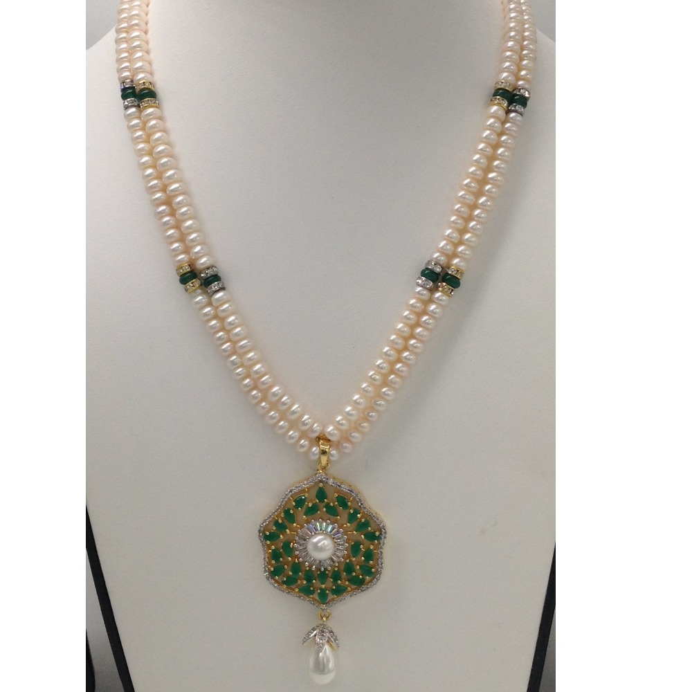 White ,green cz pendent set with 2 line flat pearls mala jps0279 - Image 2