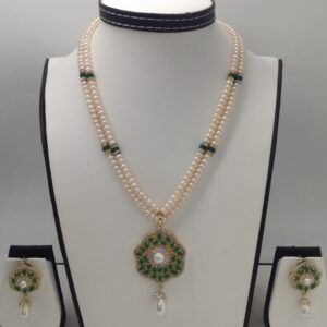 White ,green cz pendent set with 2 line flat pearls mala jps0279