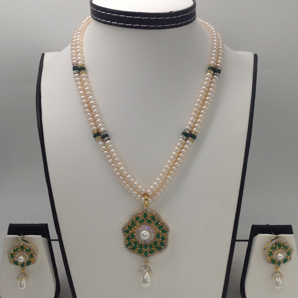White ,green cz pendent set with 2 line flat pearls mala jps0279