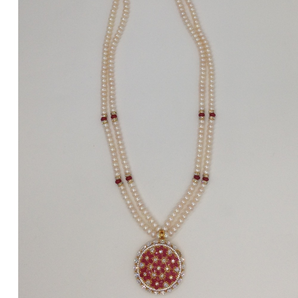 White and red cz pendent set with 2 line flat pearls mala jps0277 - Image 4