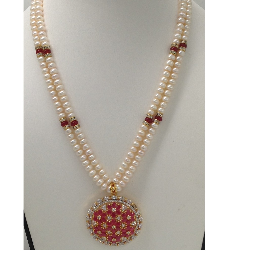 White and red cz pendent set with 2 line flat pearls mala jps0277 - Image 2