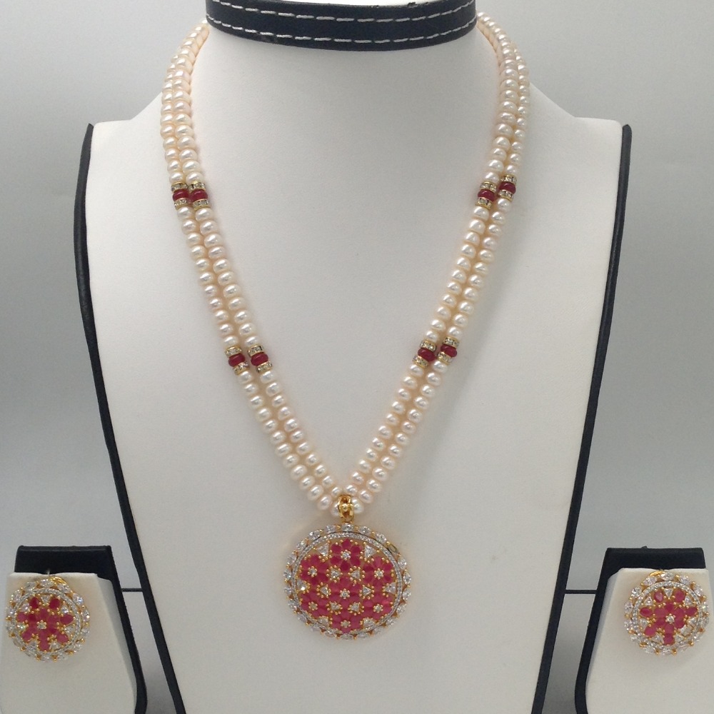 White and red cz pendent set with 2 line flat pearls mala jps0277