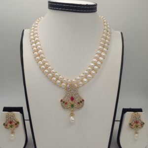 Tri colour cz pendent set with 2 line button pearls mala jps0264