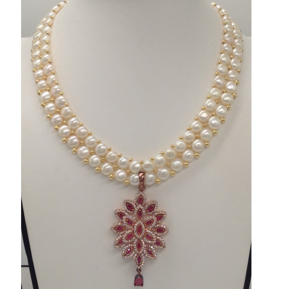 White,red cz pendent set with 2 line button pearls mala jps0263 - Image 2